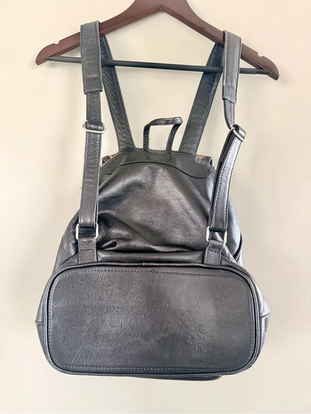 Hand made Black Leather Floral-Print Backpack Purse